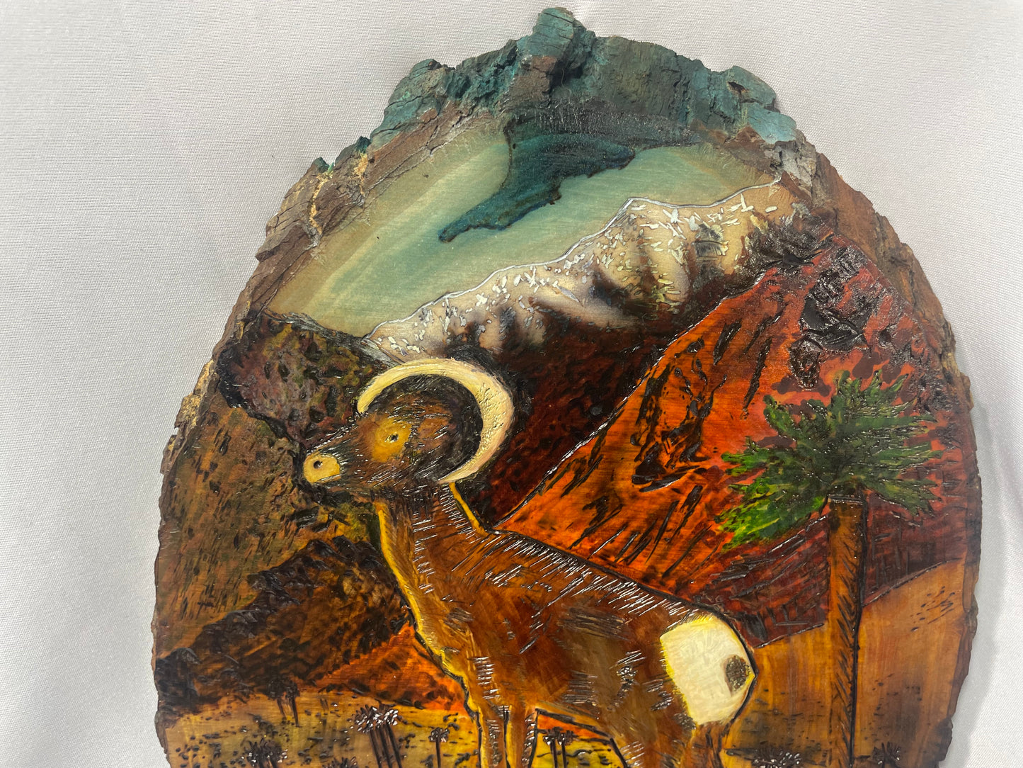 Handcrafted Pyrography & Watercolor Bighorn Sheep Artwork – 11” x 7.5”