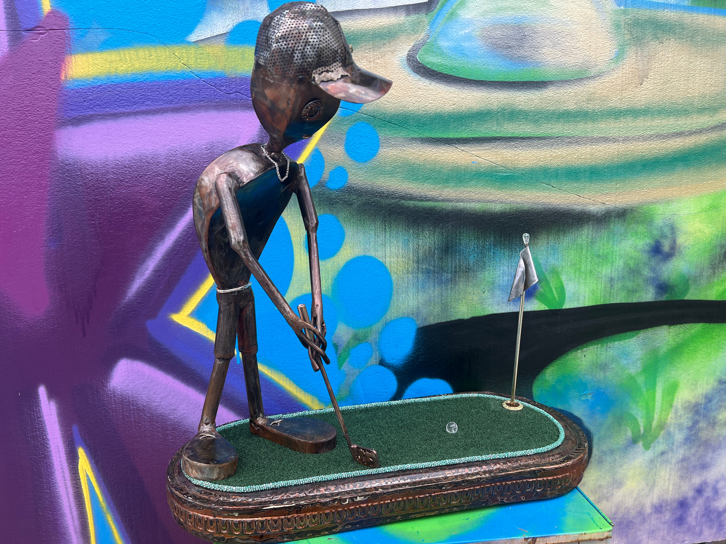 Custom Alien Golfer Metal Sculpture  w/Putting Green