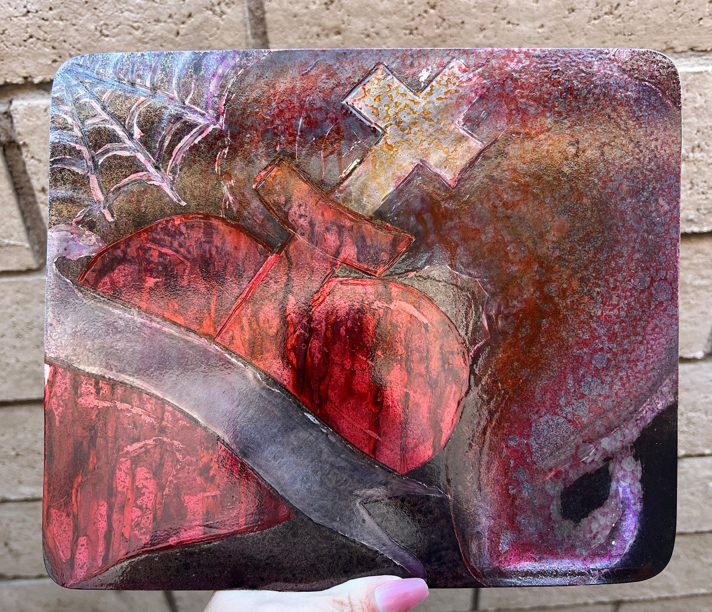 Custom Fire Heart Cross Banner Metal Panel Patina Art Indoor or Outdoor