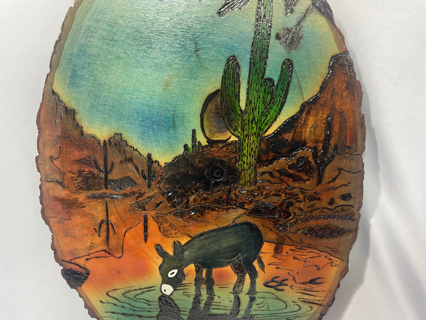 Handcrafted Pyrography & Watercolor Donkey Reflection Artwork – 13” x 8.5”