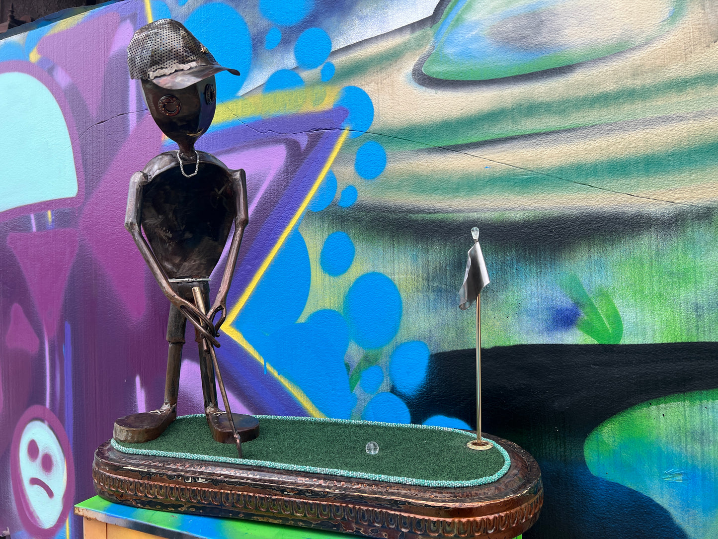 Custom Alien Golfer Metal Sculpture  w/Putting Green