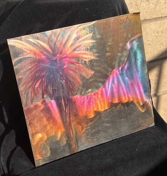 Custom Palm Tree w/Mountain Metal Patina Art Metal Panel