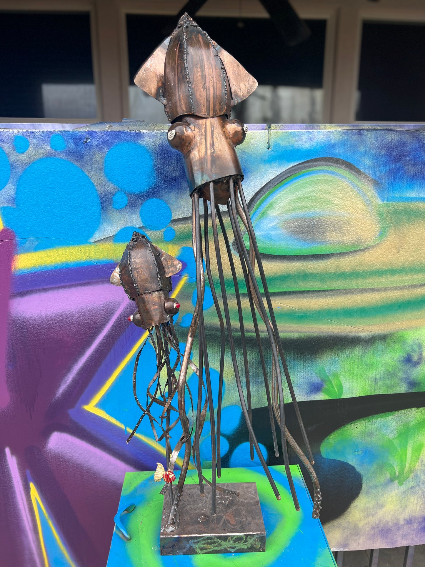 Custom Duet of the Deep Tall Squid Art Metal Sculpture