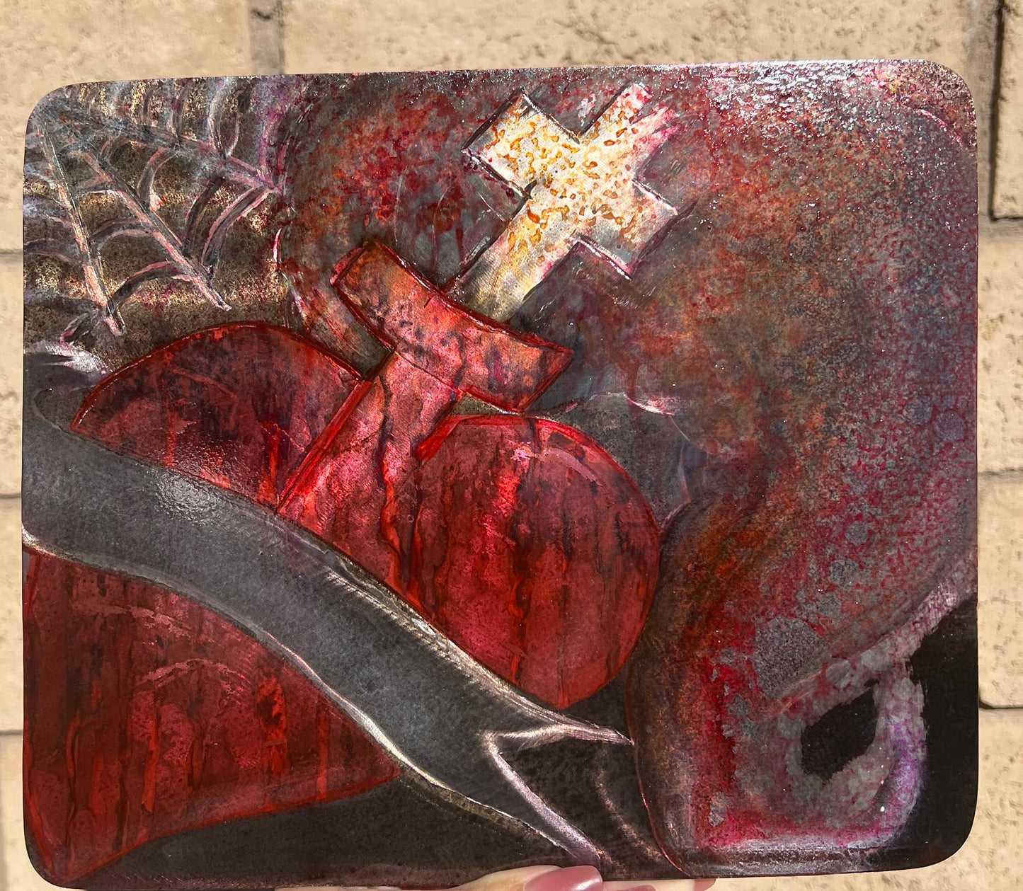 Custom Fire Heart Cross Banner Metal Panel Patina Art Indoor or Outdoor