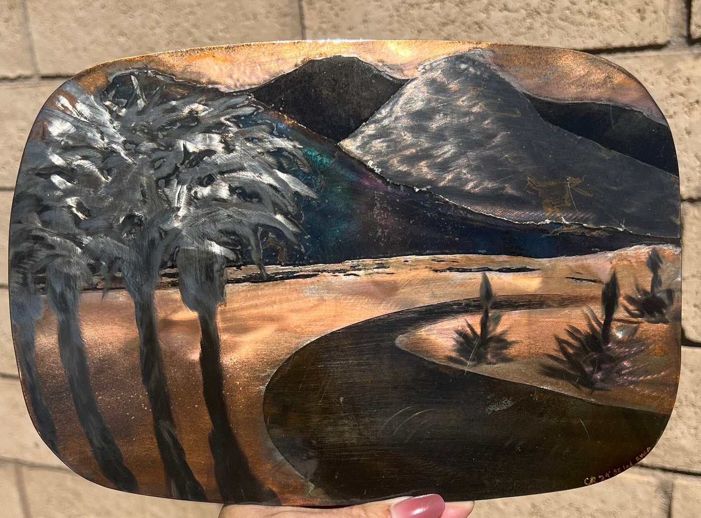 Custom Desert Windy Road Palm Tree Mountain Landscape Metal Panel Patina Art Wall or Desk Panel