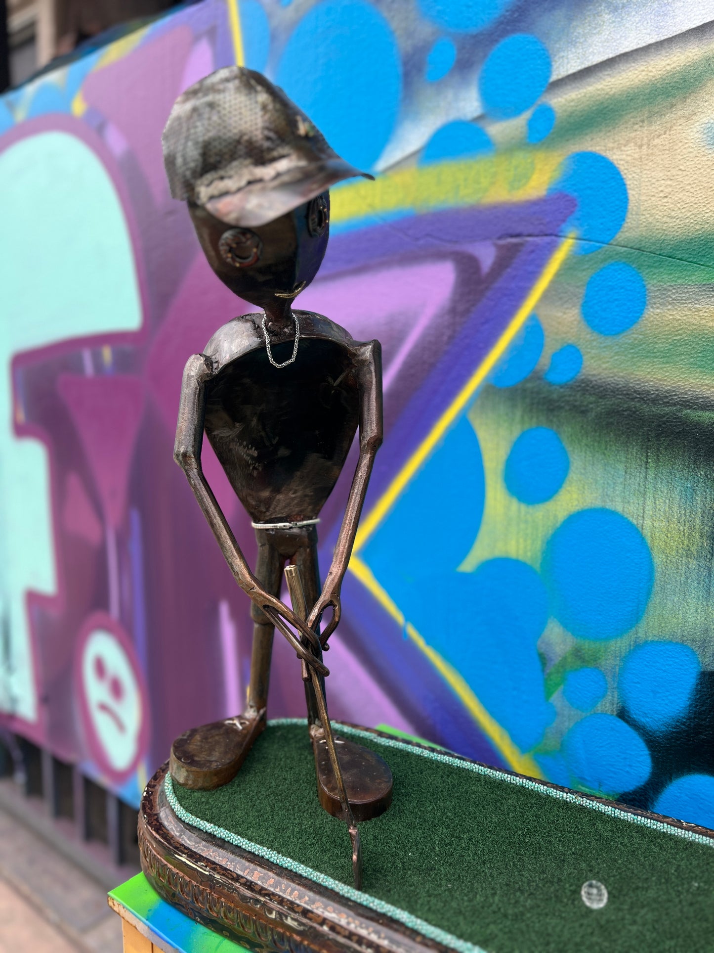 Custom Alien Golfer Metal Sculpture  w/Putting Green