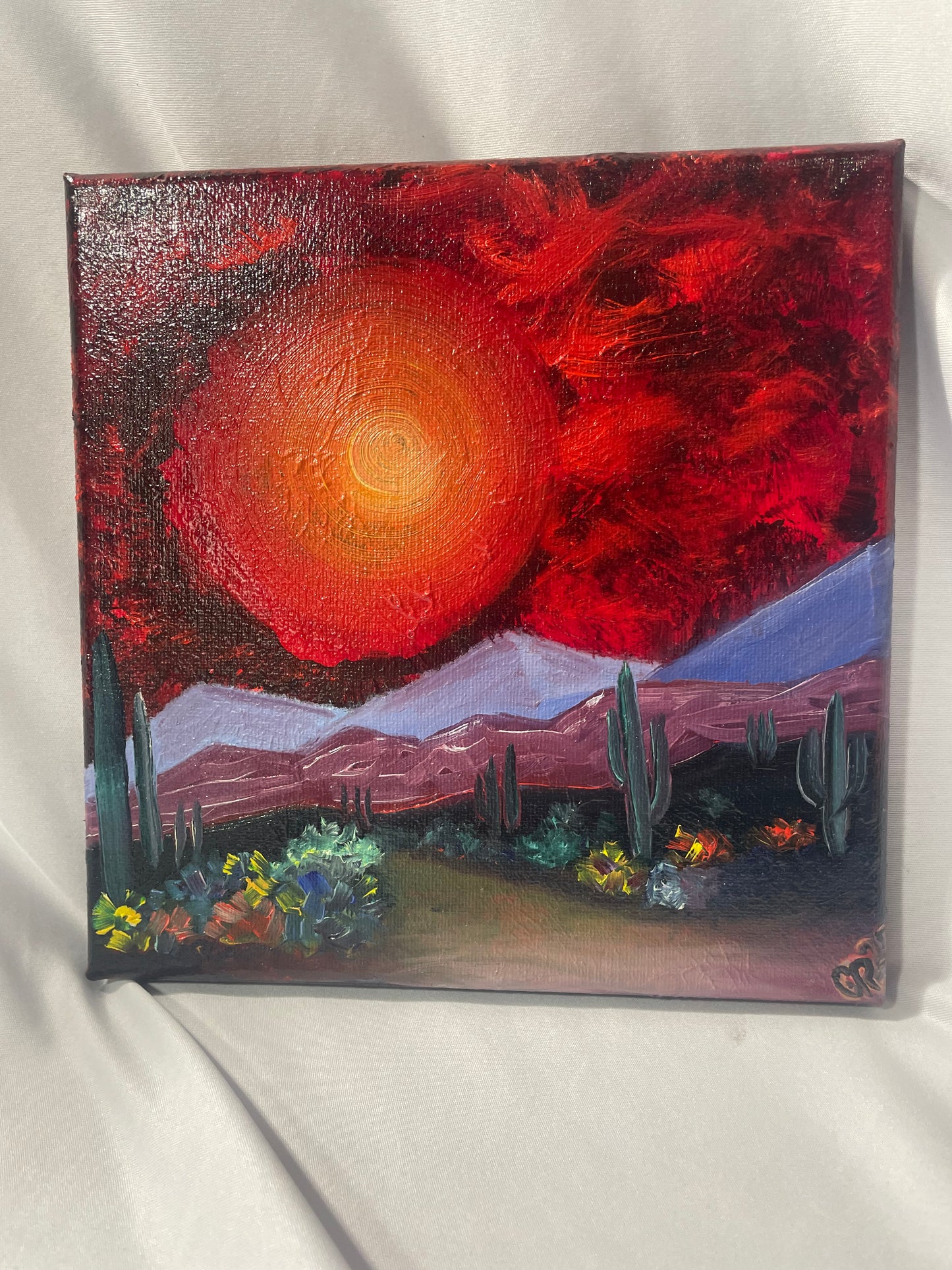 Fiery Desert Sunset – 8” x 8” Hand-Painted Oil on Canvas