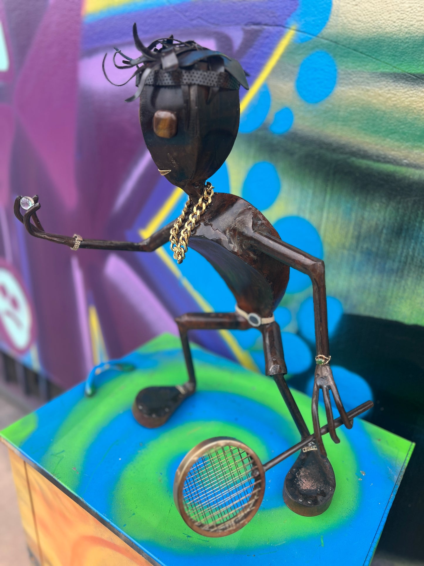 Custom Tennis Pro Alien Metal Art Sculpture