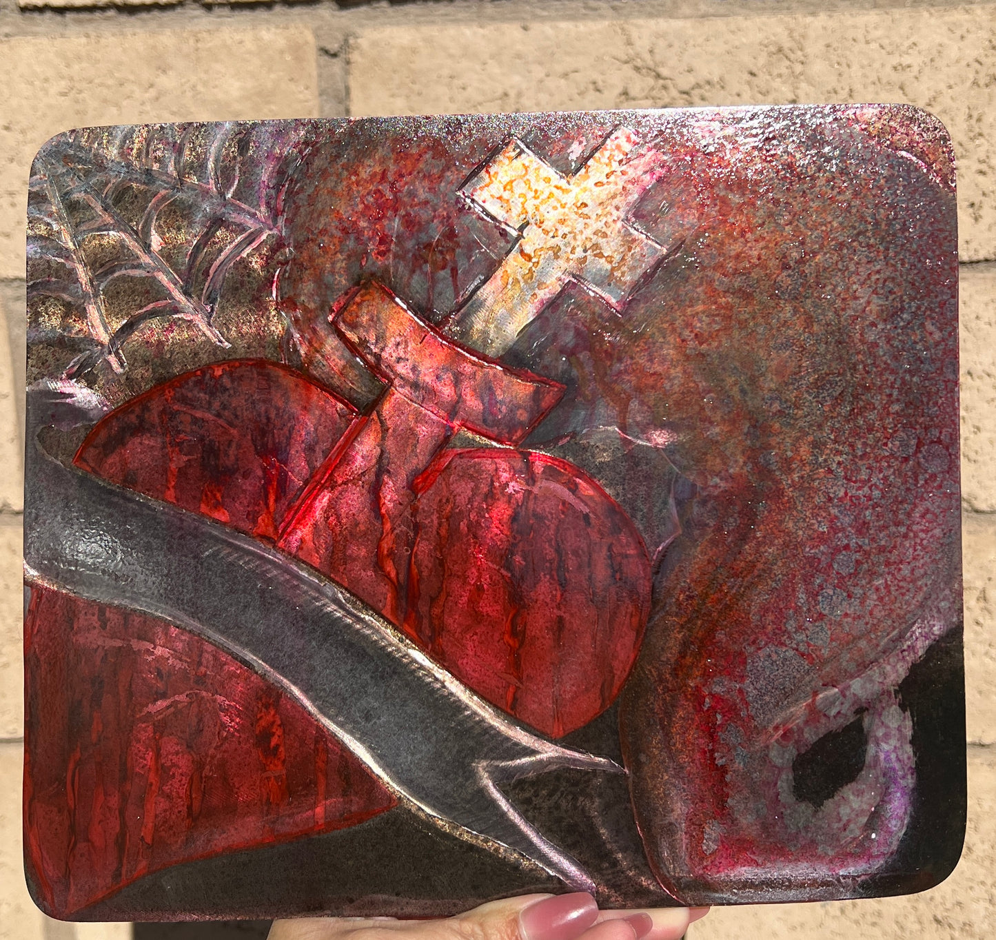 Custom Fire Heart Cross Banner Metal Panel Patina Art Indoor or Outdoor