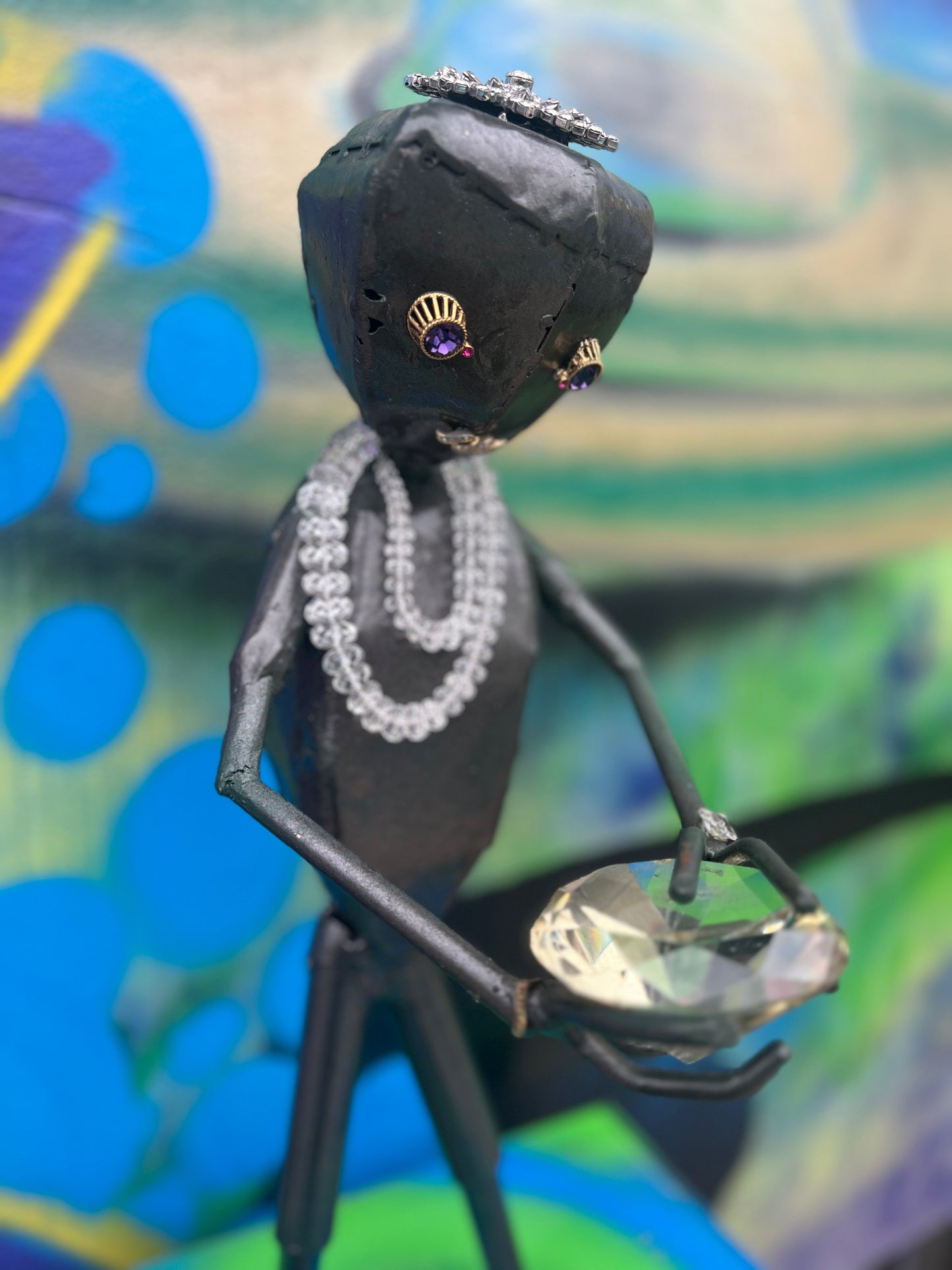 Custom Alien Queen of Diamonds Metal Art Sculpture w/Jewelry