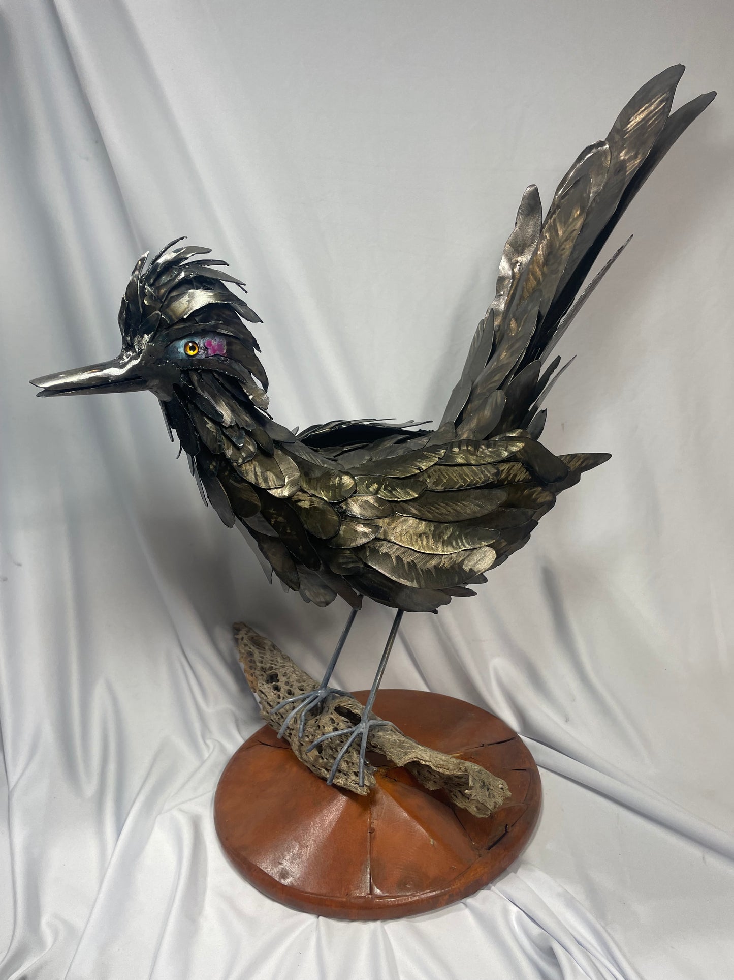 Handcrafted Steel Roadrunner Sculpture with Driftwood Perch