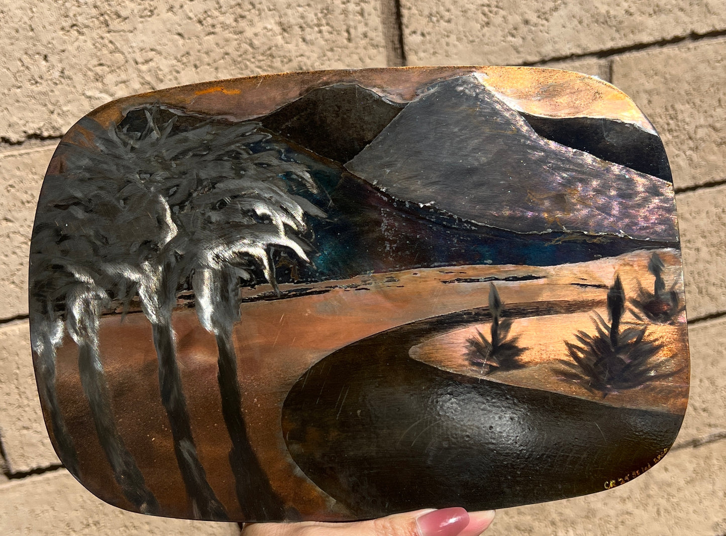 Custom Desert Windy Road Palm Tree Mountain Landscape Metal Panel Patina Art Wall or Desk Panel