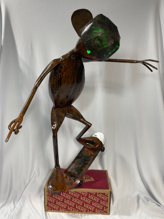 Handcrafted Steel Skateboarding Alien Sculpture – 22” x 27” with LED Lights