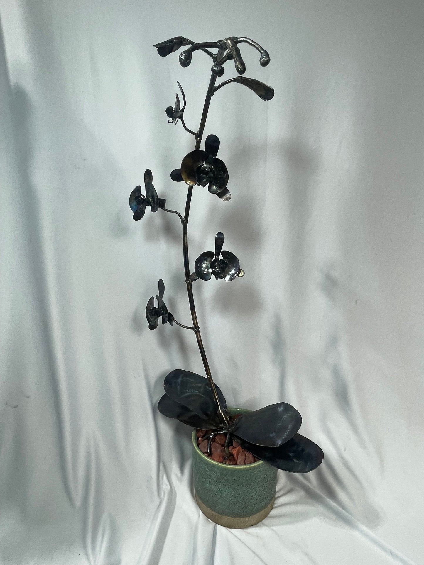 Handcrafted Steel Orchid Sculpture with Heat Patina