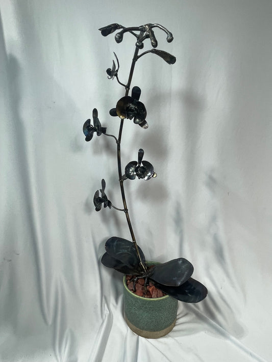 Handcrafted Steel Orchid Sculpture with Heat Patina