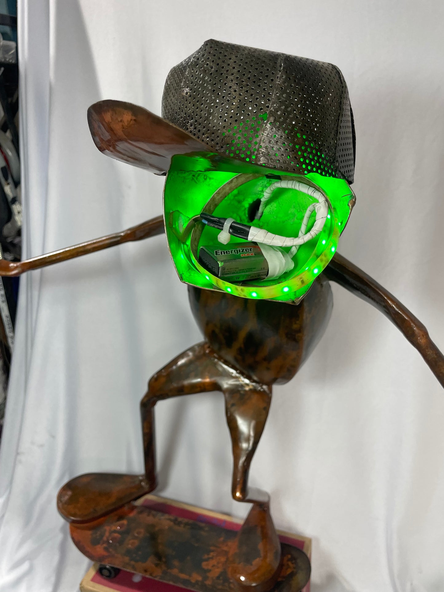 Handcrafted Steel Skateboarding Alien Sculpture – 22” x 27” with LED Lights