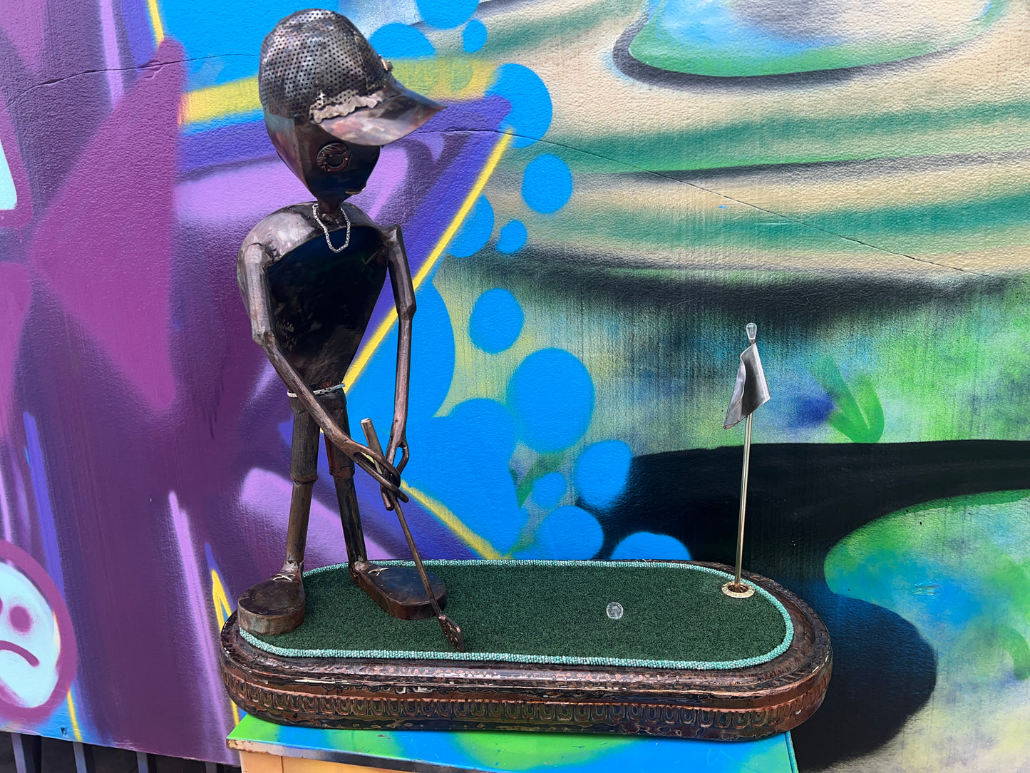 Custom Alien Golfer Metal Sculpture  w/Putting Green