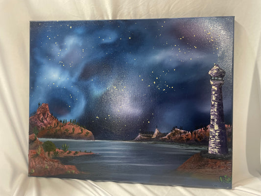 Celestial Lighthouse – 16” x 20” Hand-Painted Oil on Canvas