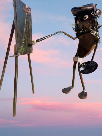 Custom “The Painter” Alien Metal Art  Sculpture with Canvas & Easel