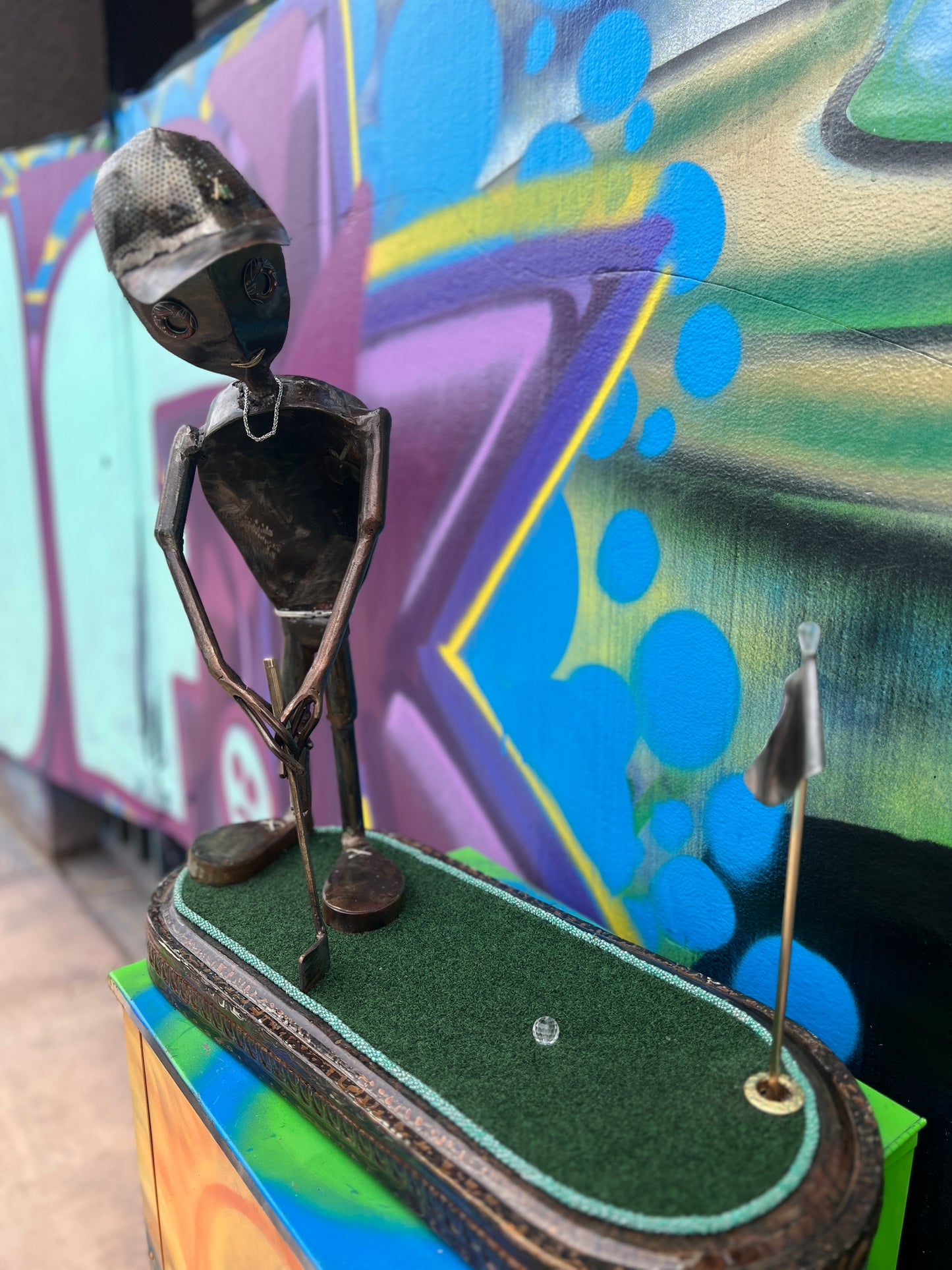 Custom Alien Golfer Metal Sculpture  w/Putting Green