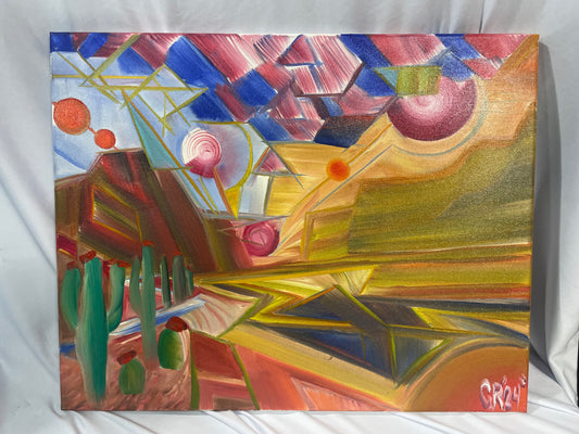 Surreal Desert Geometry – 16” x 20” Hand-Painted Oil on Canvas