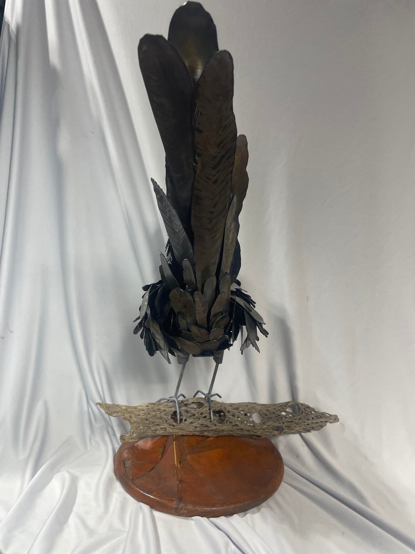 Handcrafted Steel Roadrunner Sculpture with Driftwood Perch