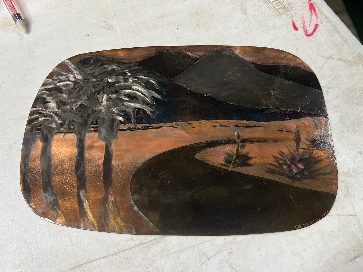 Custom Desert Windy Road Palm Tree Mountain Landscape Metal Panel Patina Art Wall or Desk Panel