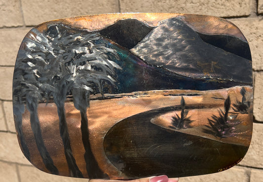 Custom Desert Windy Road Palm Tree Mountain Landscape Metal Panel Patina Art Wall or Desk Panel
