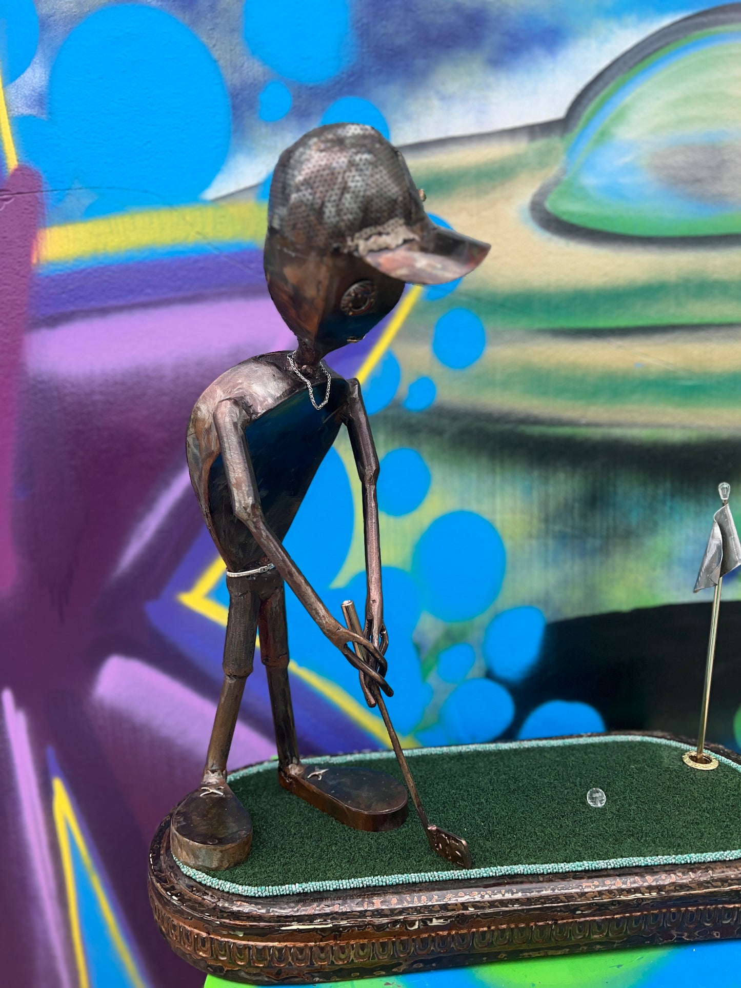 Custom Alien Golfer Metal Sculpture  w/Putting Green