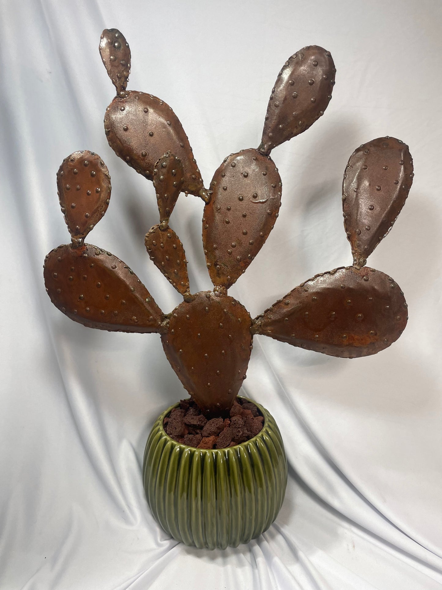 Handcrafted Steel Prickly Pear Cactus Sculpture in Ceramic Pot