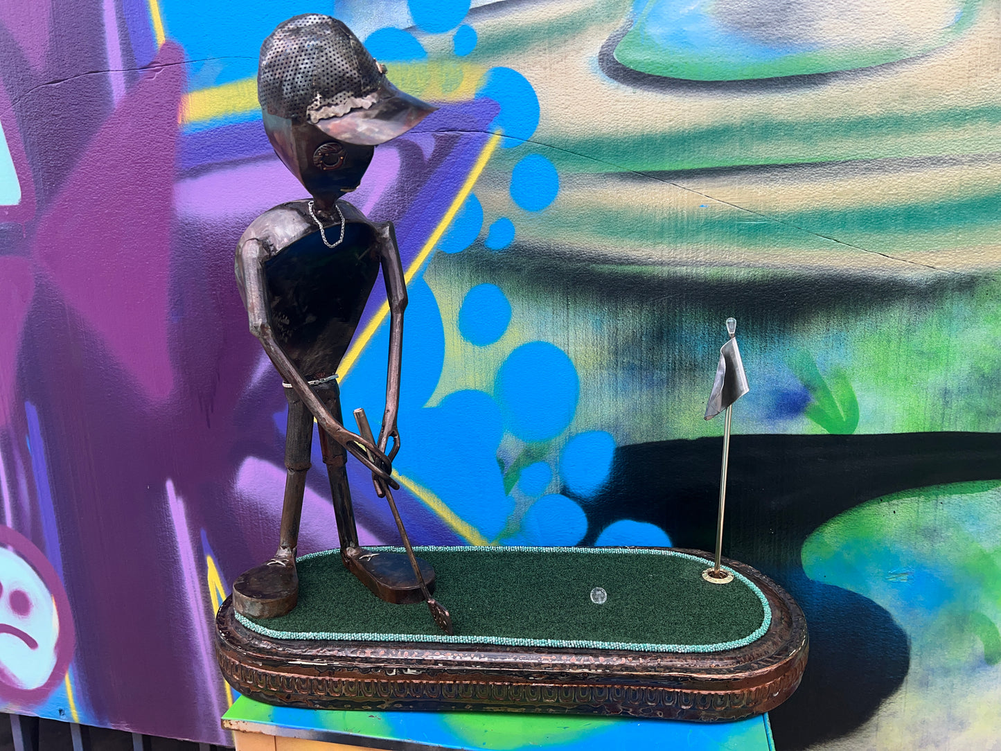 Custom Alien Golfer Metal Sculpture  w/Putting Green