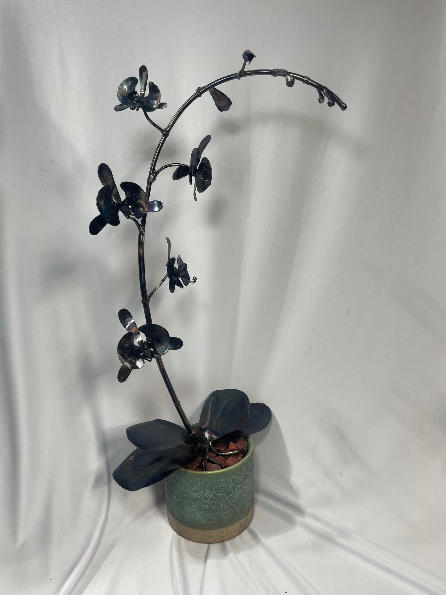 Handcrafted Steel Orchid Sculpture with Heat Patina