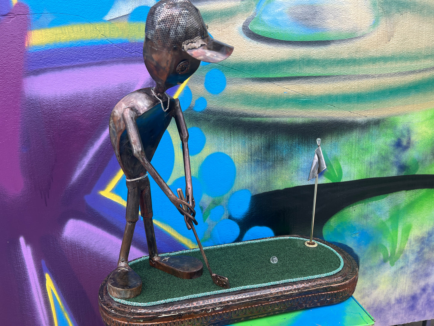 Custom Alien Golfer Metal Sculpture  w/Putting Green