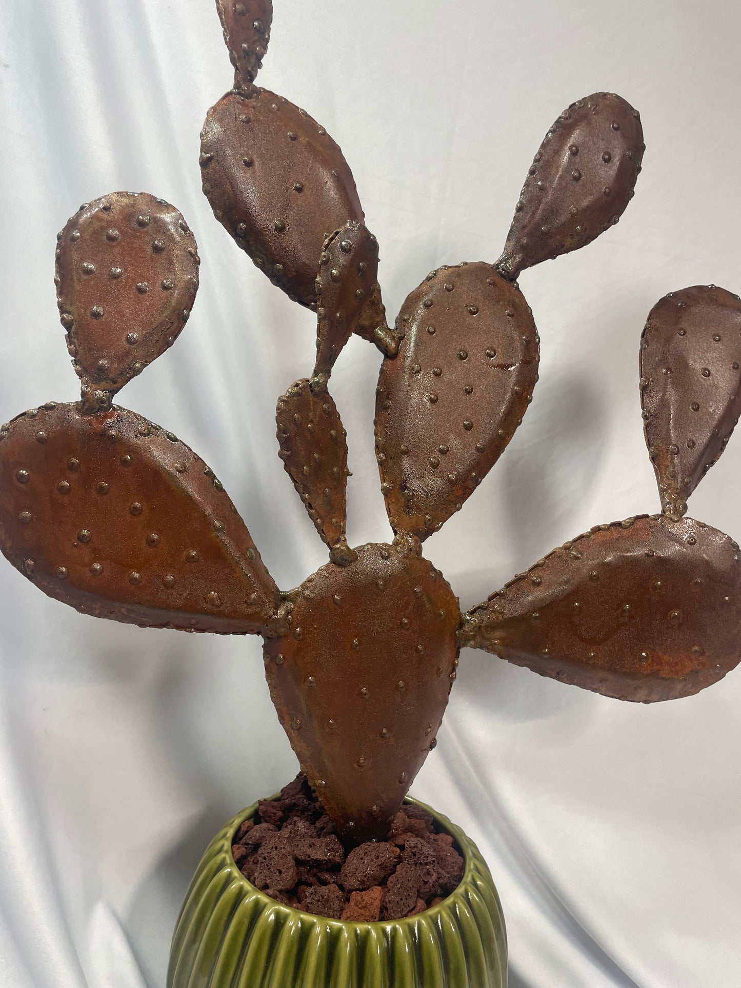 Handcrafted Steel Prickly Pear Cactus Sculpture in Ceramic Pot