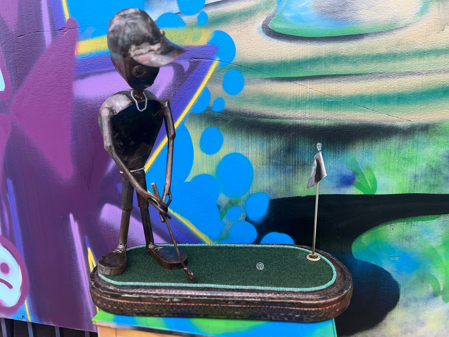 Custom Alien Golfer Metal Sculpture  w/Putting Green
