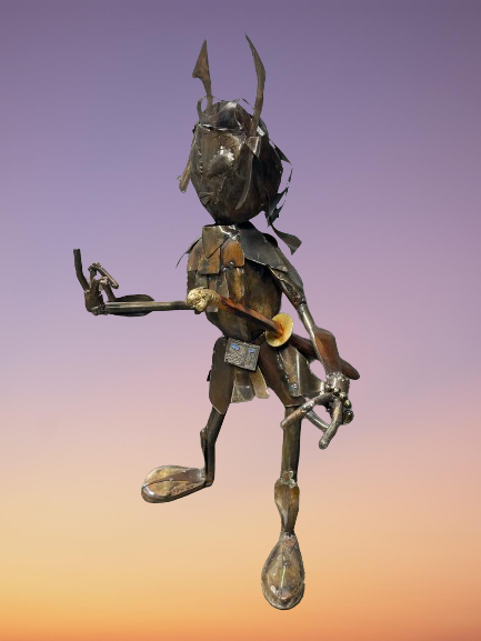 Samurai Fighting Alien Sword Metal Art Large Sculpture