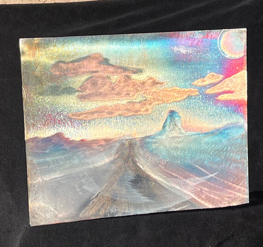 Custom Wandering Horizons Metal Patina Art Panel Road with Mountains & Clouds