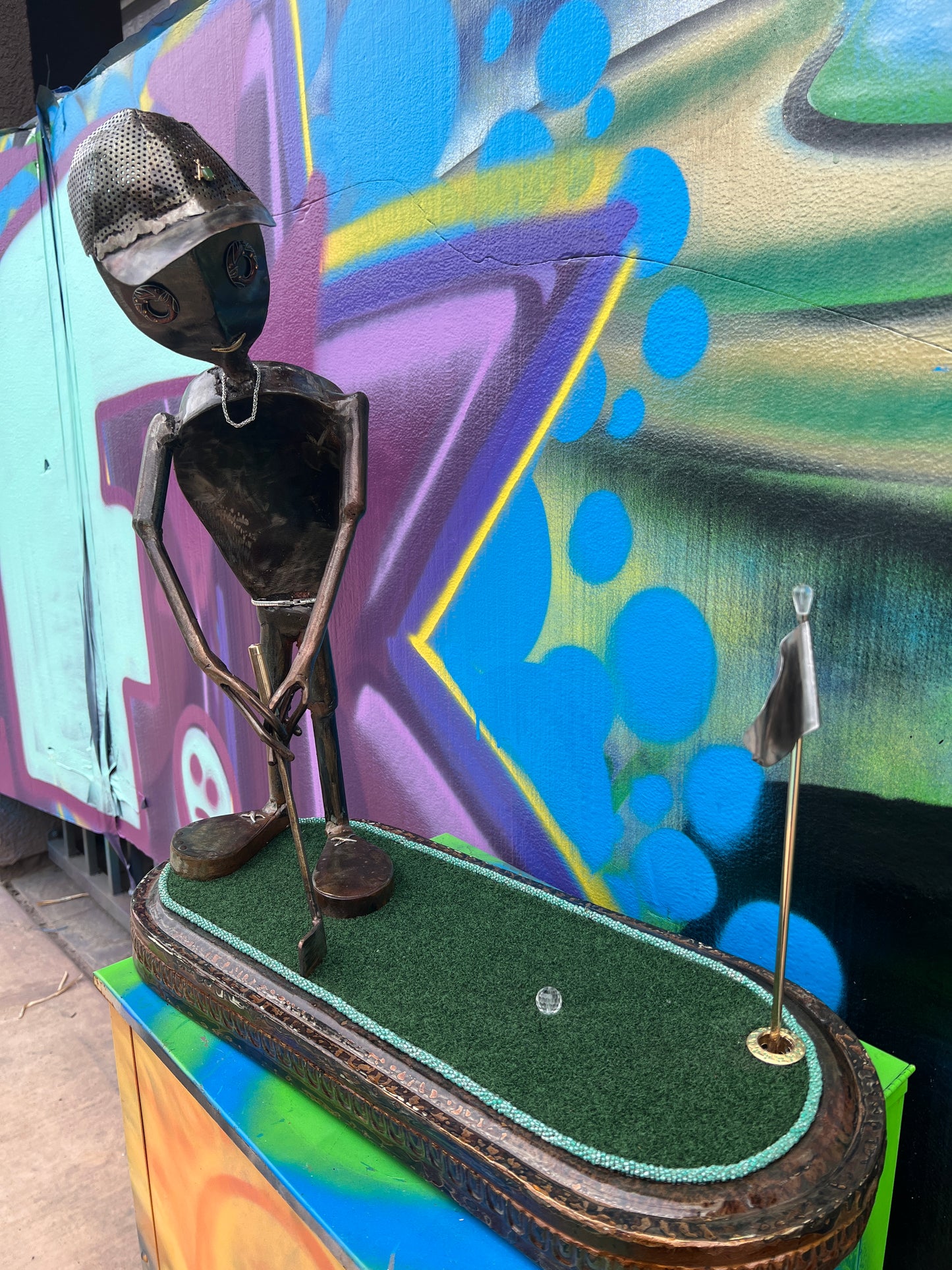 Custom Alien Golfer Metal Sculpture  w/Putting Green