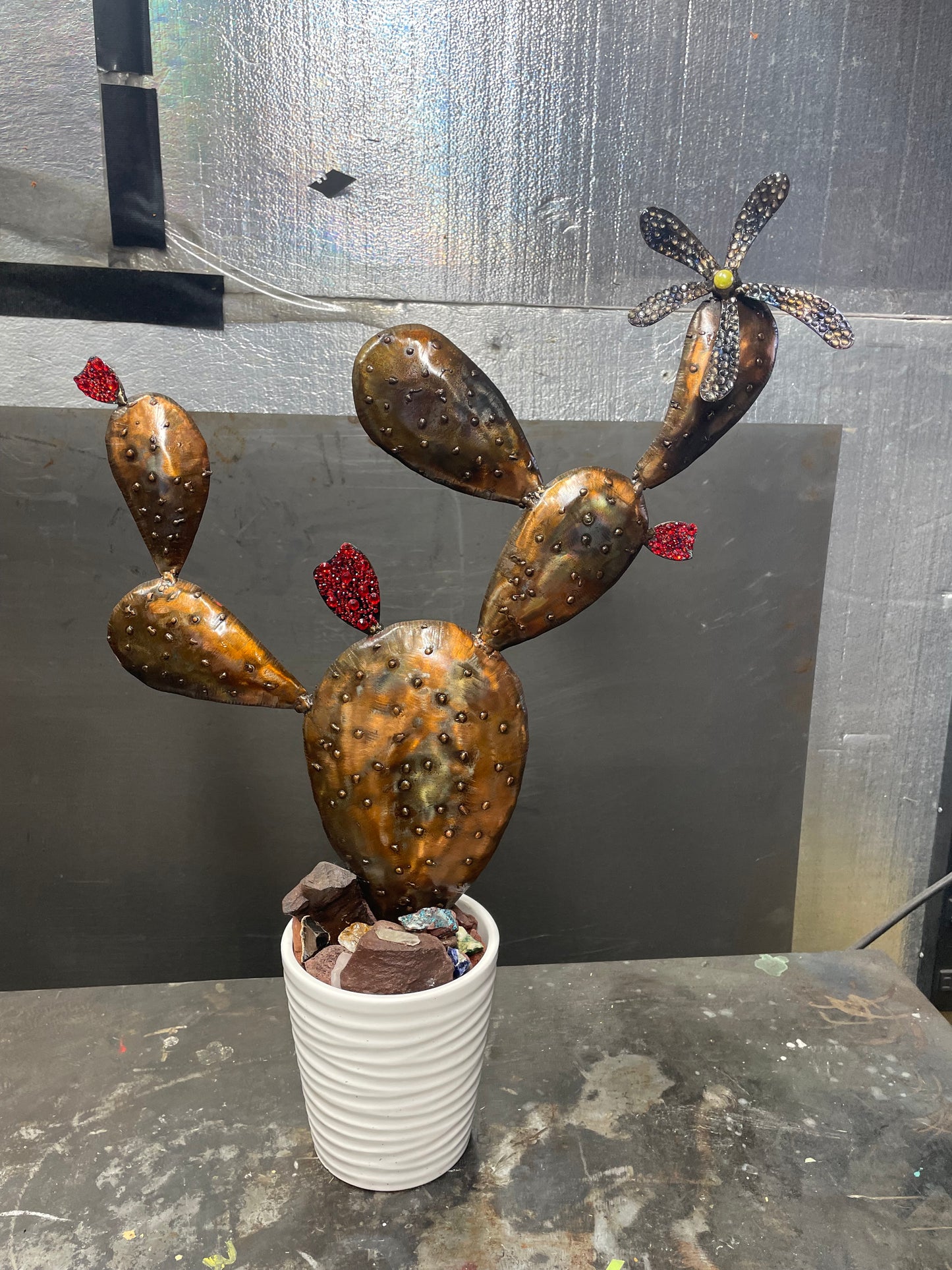 Custom Metal Cactus Sculpture Rhinestone Patina Art Yard Metal Ornament