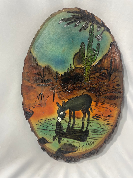 Handcrafted Pyrography & Watercolor Donkey Reflection Artwork – 13” x 8.5”