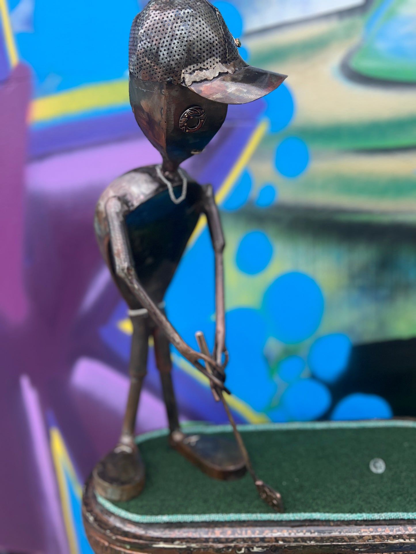 Custom Alien Golfer Metal Sculpture  w/Putting Green