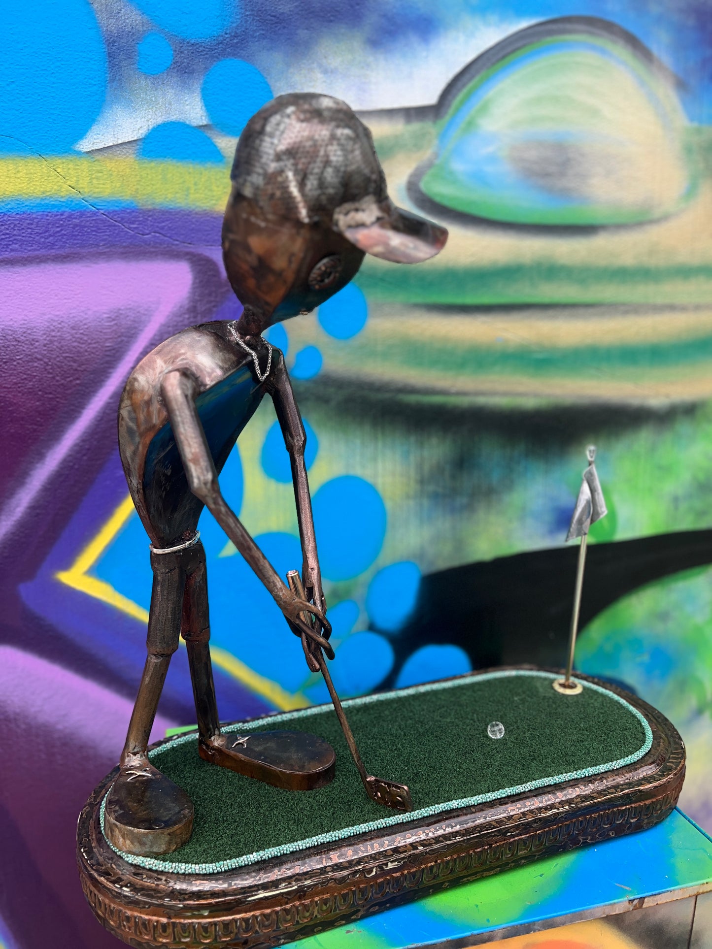 Custom Alien Golfer Metal Sculpture  w/Putting Green