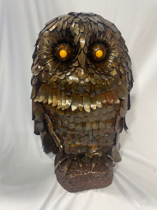 Handcrafted Steel Owl Sculpture with Glass Eyes and Patina Finish