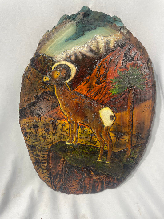 Handcrafted Pyrography & Watercolor Bighorn Sheep Artwork – 11” x 7.5”