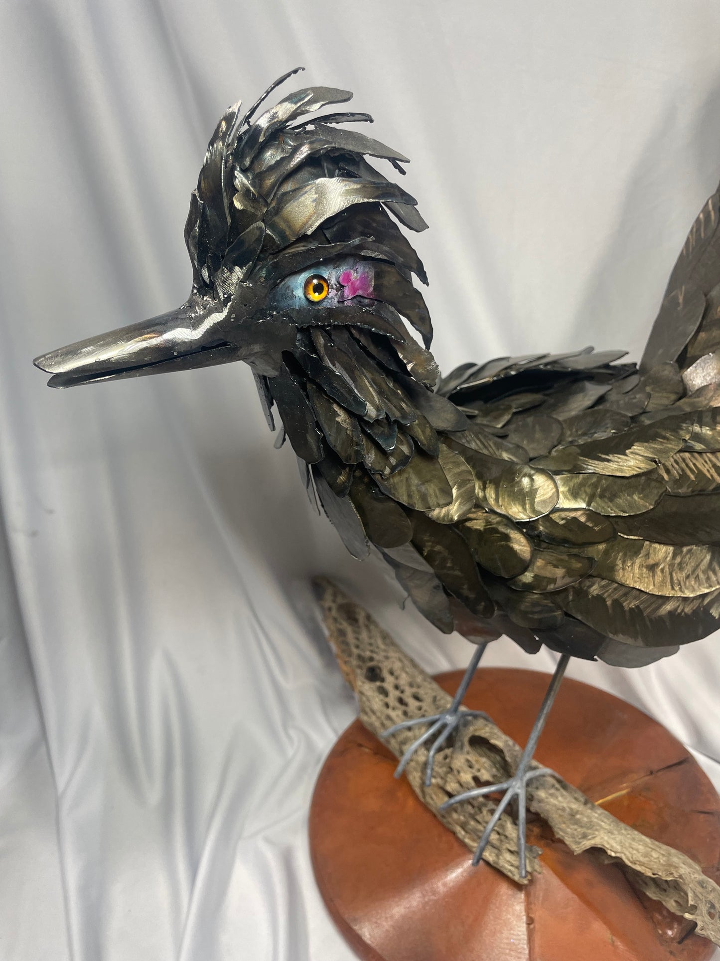 Handcrafted Steel Roadrunner Sculpture with Driftwood Perch