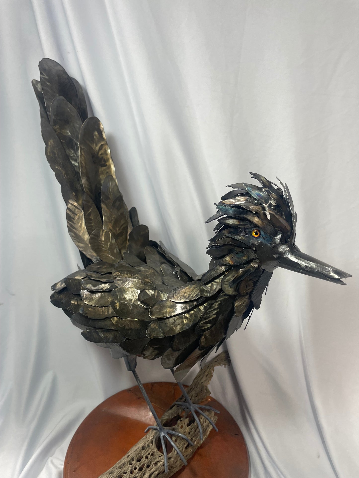 Handcrafted Steel Roadrunner Sculpture with Driftwood Perch