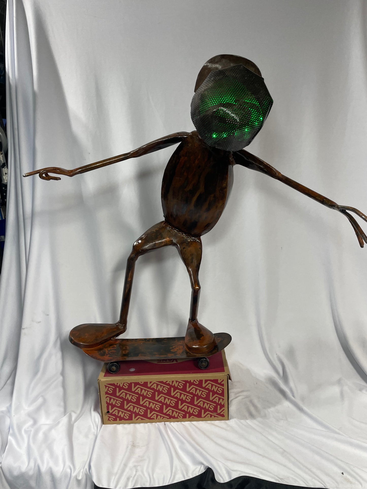 Handcrafted Steel Skateboarding Alien Sculpture – 22” x 27” with LED Lights