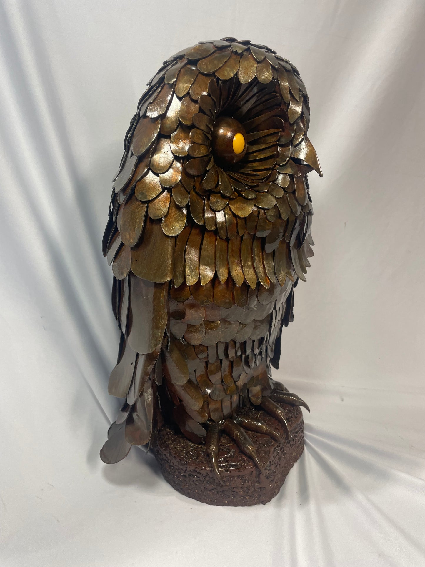 Handcrafted Steel Owl Sculpture with Glass Eyes and Patina Finish