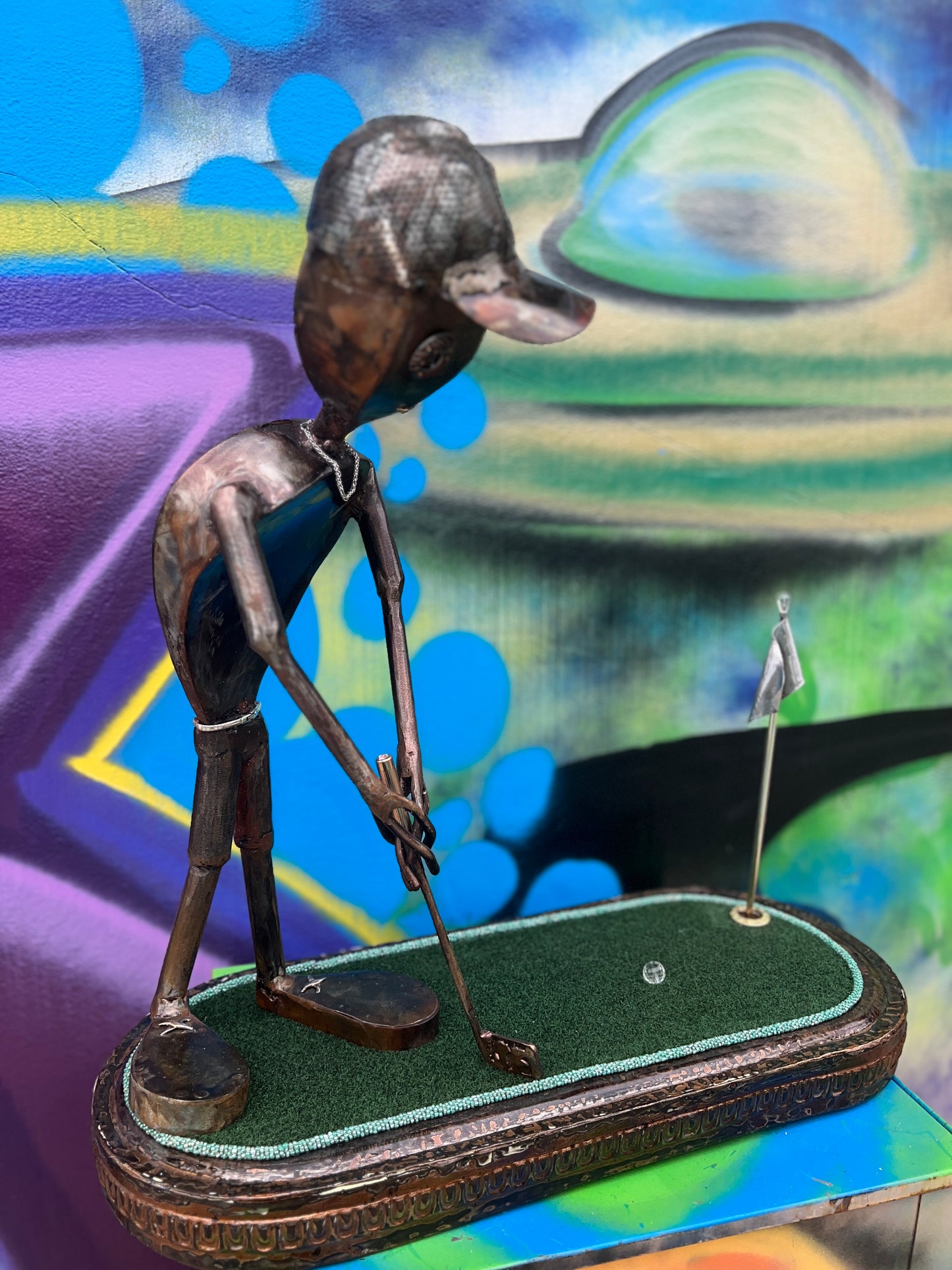 Custom Alien Golfer Metal Sculpture  w/Putting Green