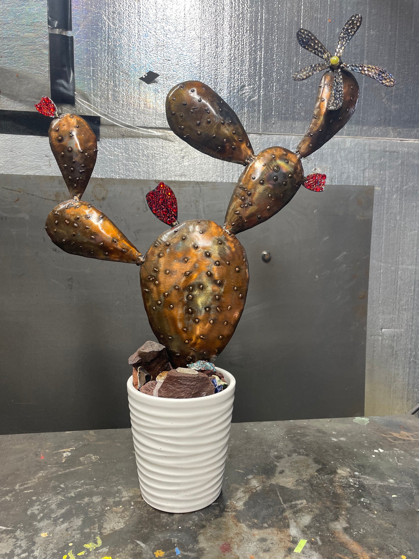 Custom Metal Cactus Sculpture Rhinestone Patina Art Yard Metal Ornament